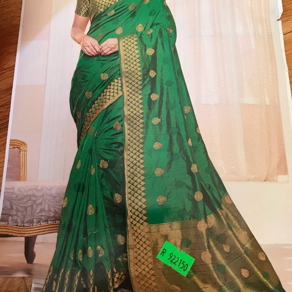 Silk/Katan saree in green and gold